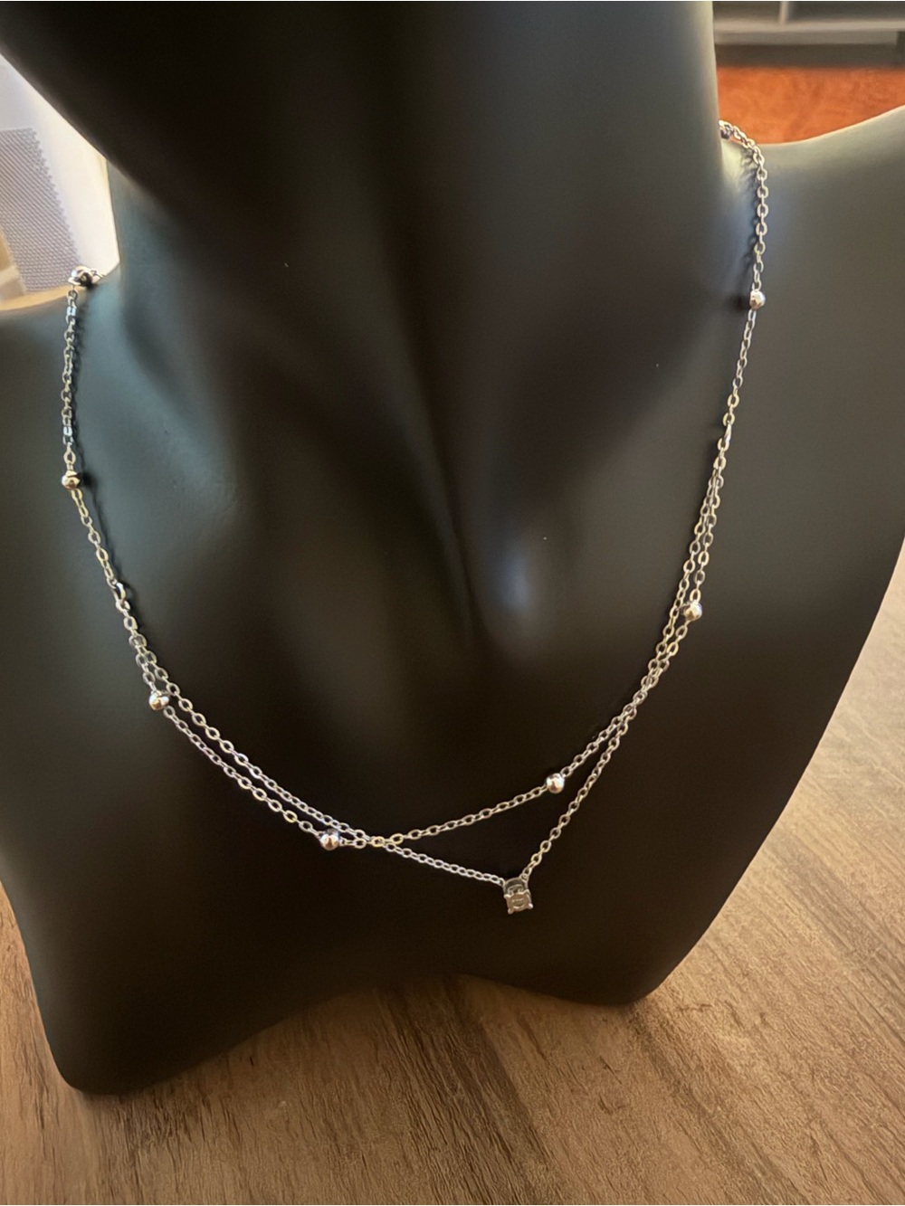 Layered Silver Beaded Necklace with Center Accent